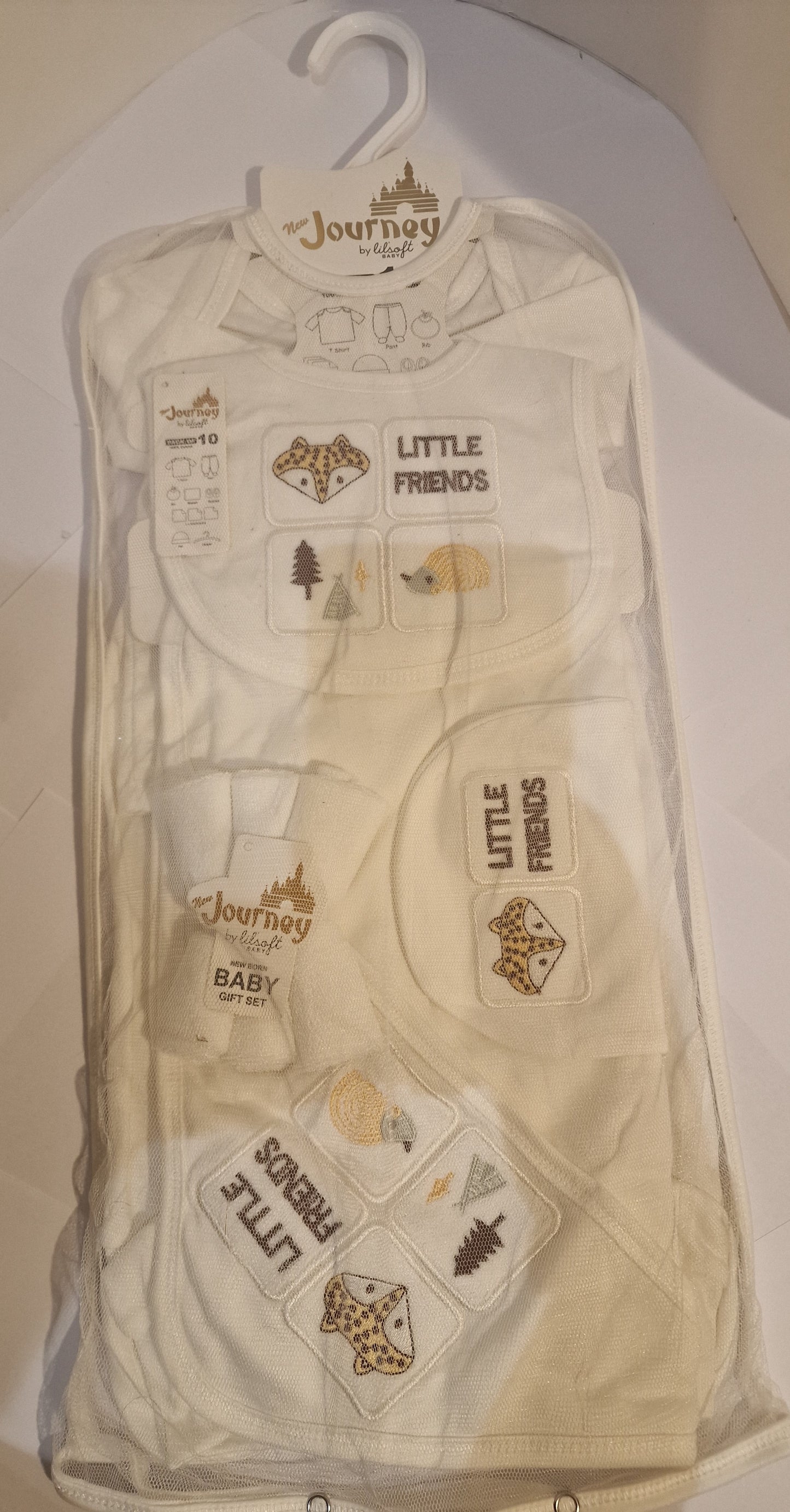 Lilsoft Baby 10-Piece "New Journey" Newborn Gift Set – Little Friends (White/Gold)