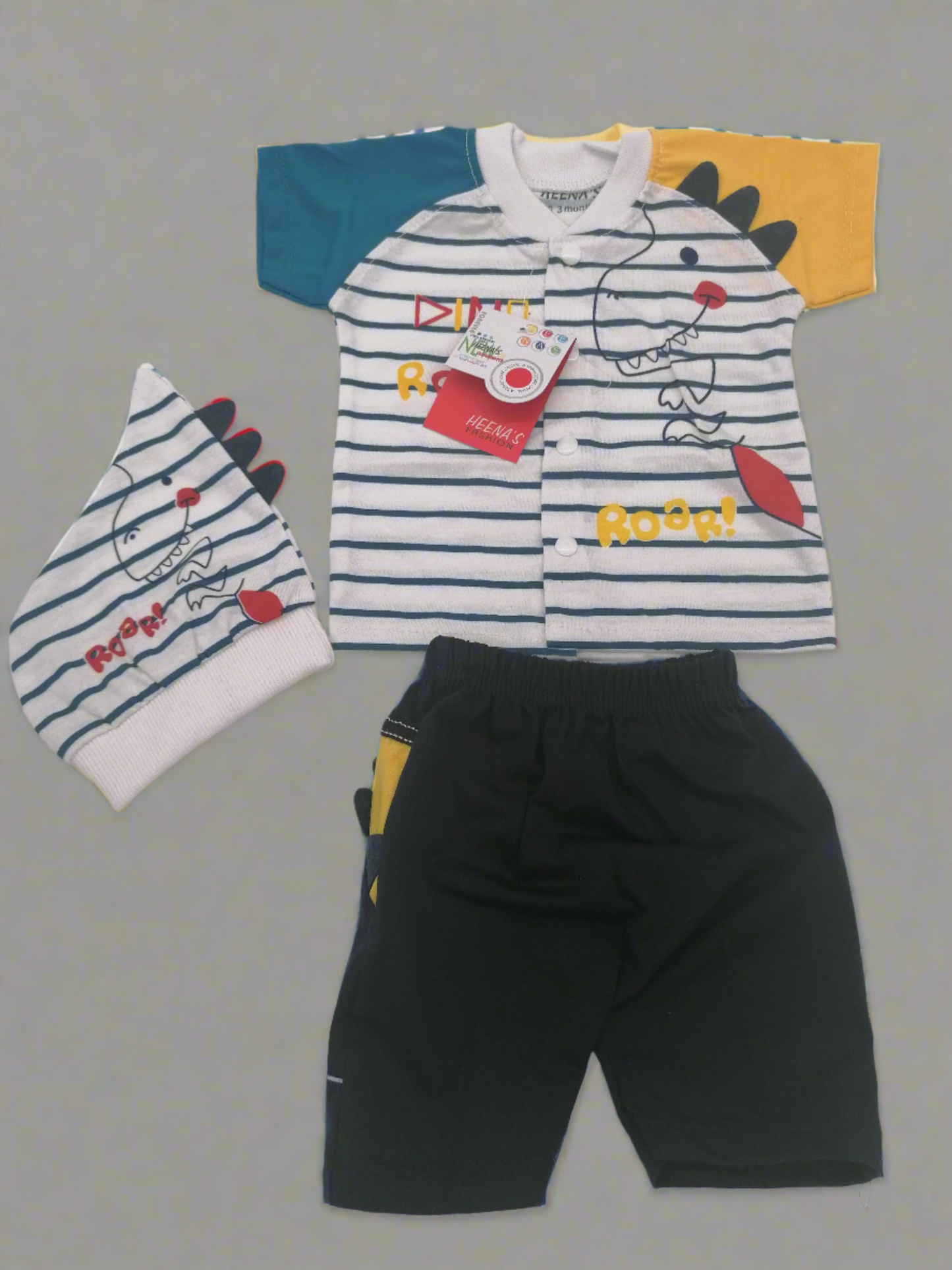 Dětské tričko Dino Roar a krátké kalhoty s čepicí 0-3 měsíce