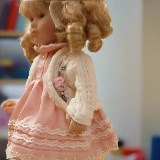 Beautiful 12 Inch Vintage Porcelain Doll Boxed In Pink Dress