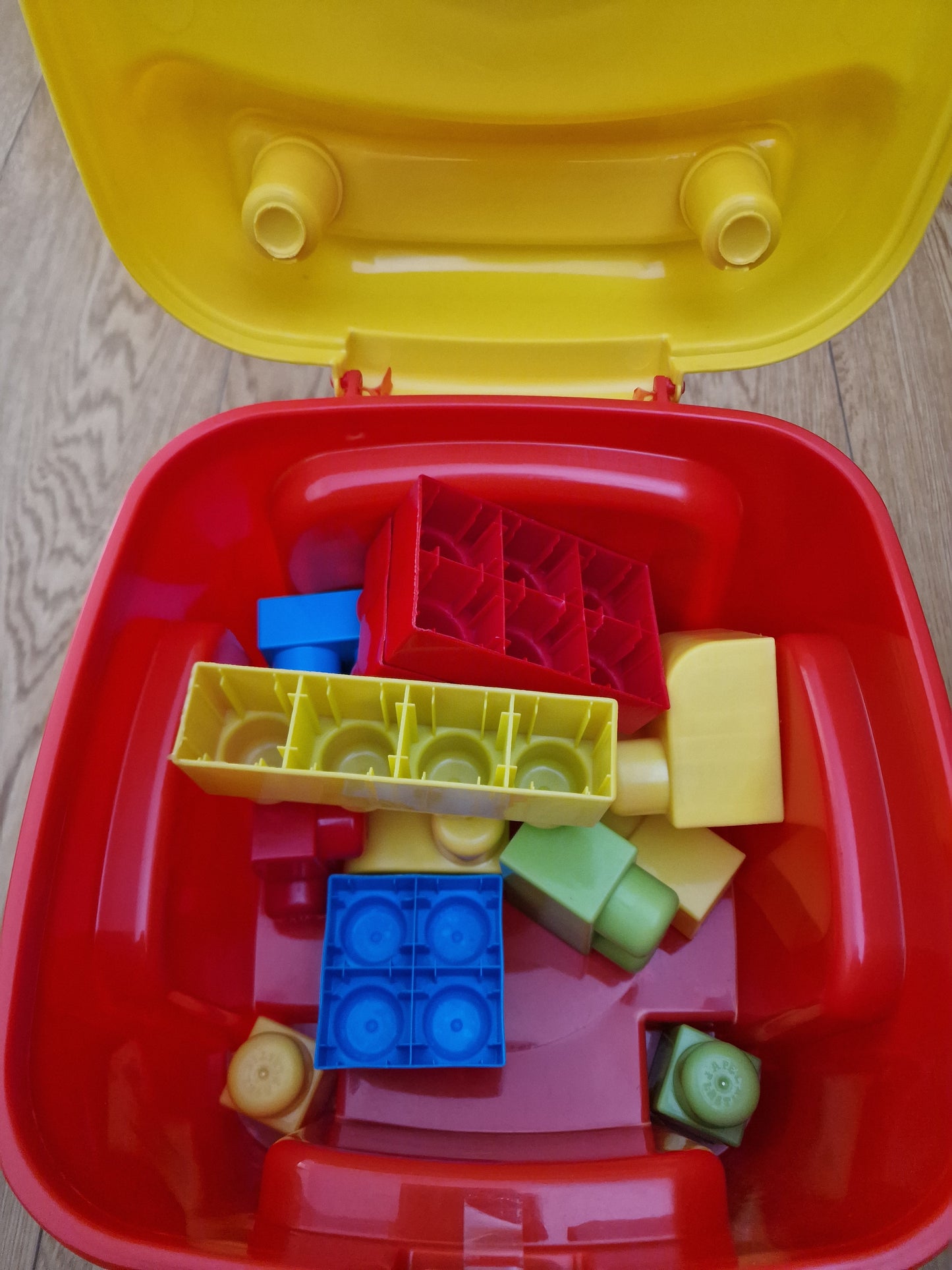 2-in-1 Kids’ Chair & Toy Storage – Red & Yellow with 14 Jumbo Building Blocks