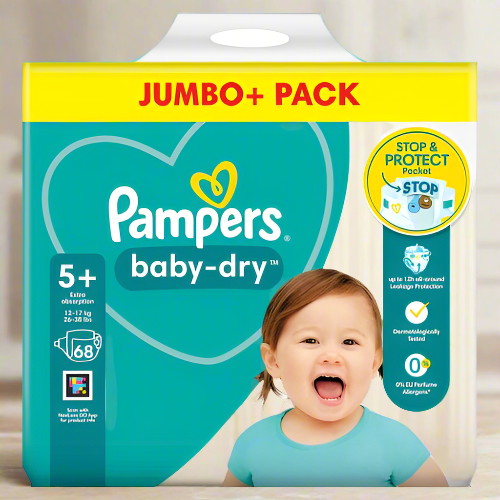 68 x Pampers Baby-Dry Nappies Size 5+ Jumbo+ with 3 Air Channels, up to 12 Hours