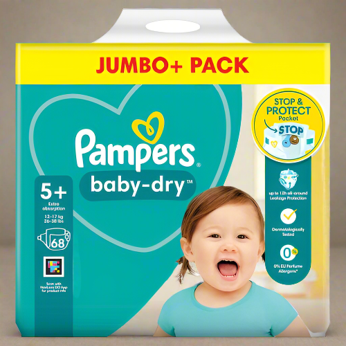 68 x Pampers Baby-Dry Nappies Size 5+ Jumbo+ with 3 Air Channels, up to 12 Hours