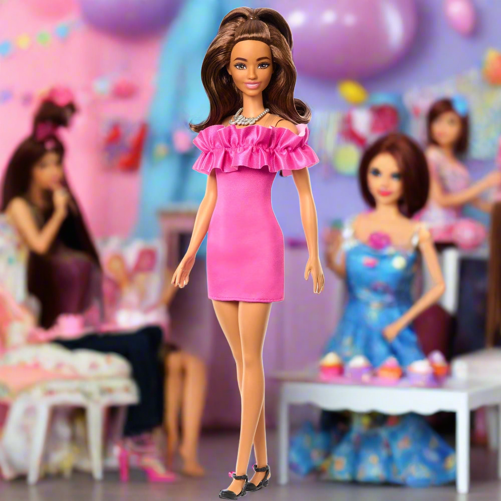 Barbie Fashionista Doll with Brown Wavy Hair and Pink Ruffle Dress