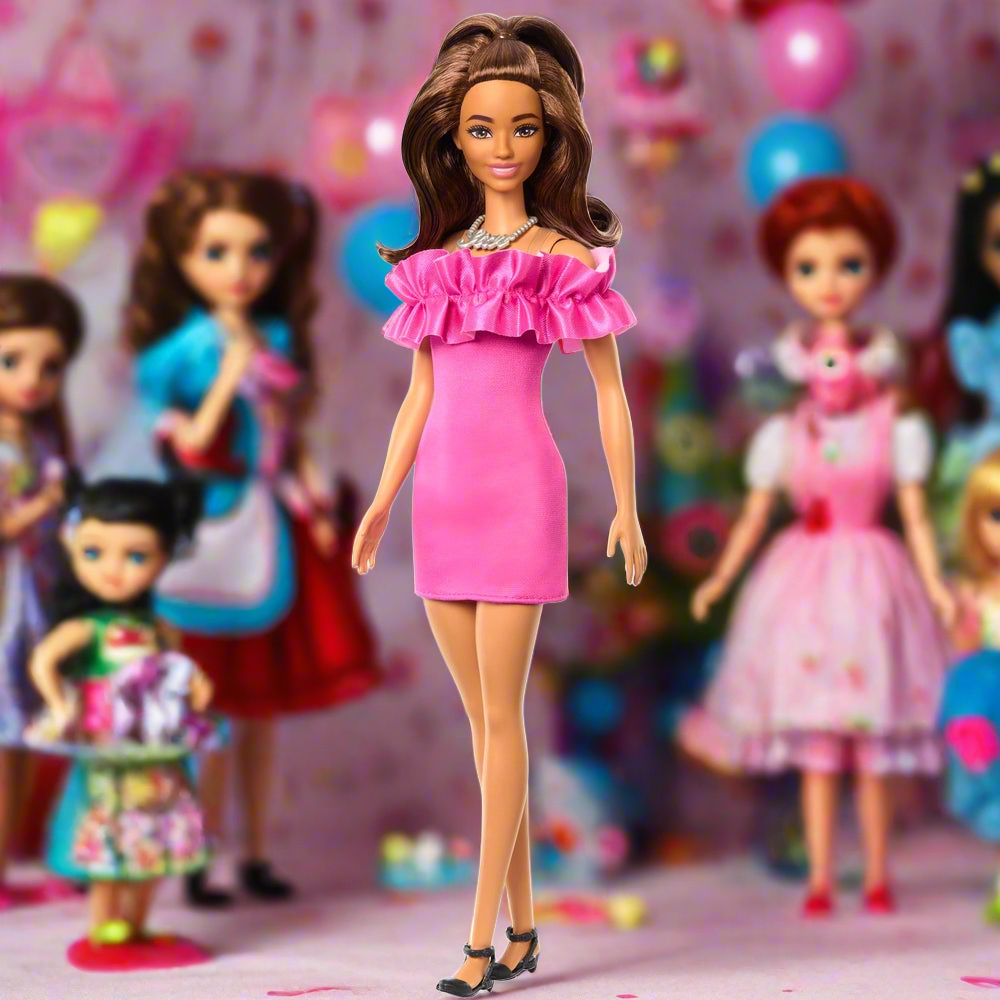 Barbie Fashionista Doll with Brown Wavy Hair and Pink Ruffle Dress