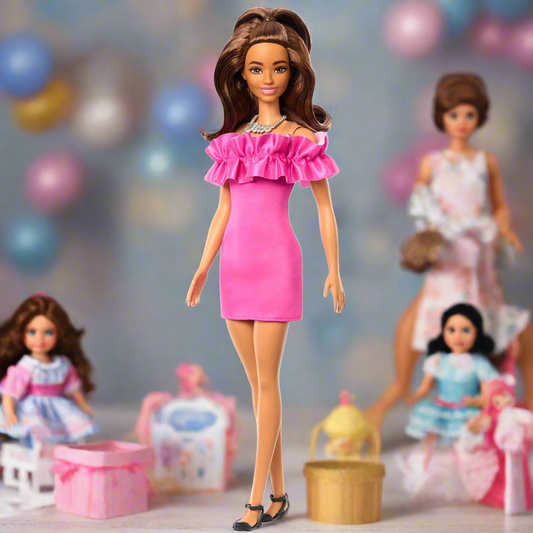 Barbie Fashionista Doll with Brown Wavy Hair and Pink Ruffle Dress