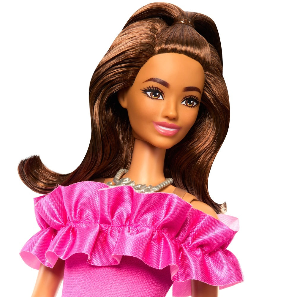 Barbie Fashionista Doll with Brown Wavy Hair and Pink Ruffle Dress