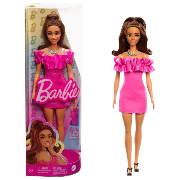 Barbie Fashionista Doll with Brown Wavy Hair and Pink Ruffle Dress