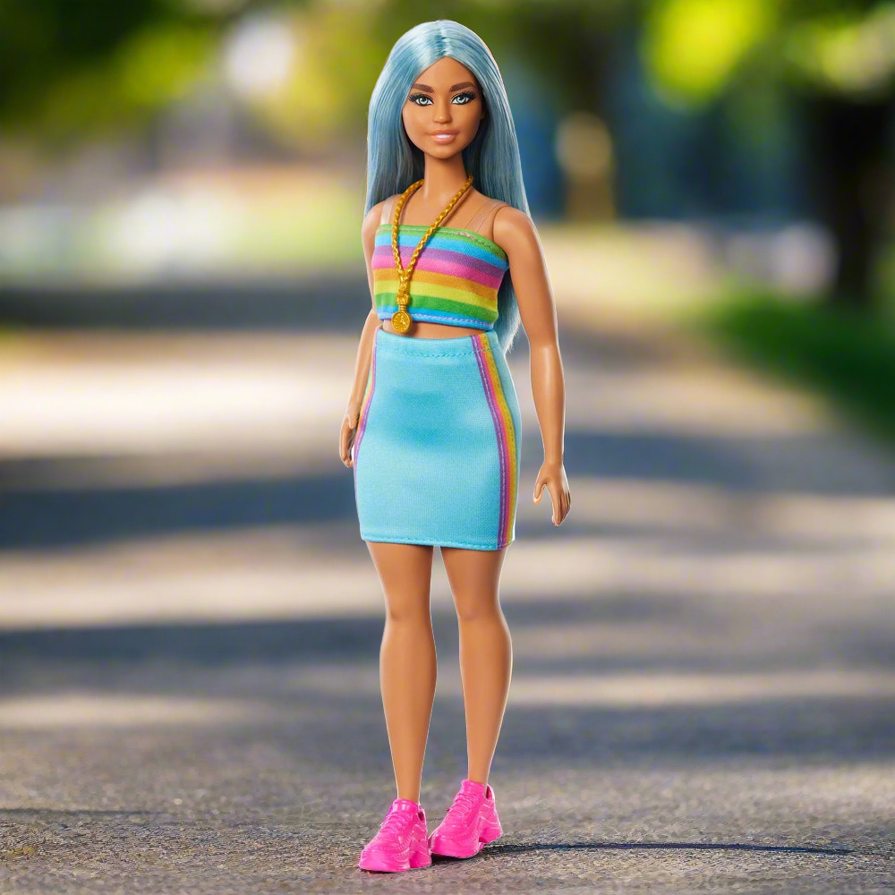 Barbie Fashionista Doll 218 with Blue Hair & Rainbow Top