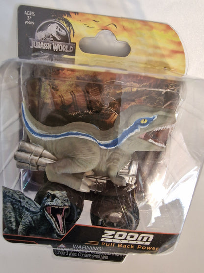 Jurassic World Blue Velociraptor Zoom Riders Pull Back Dino Car Toy NEW