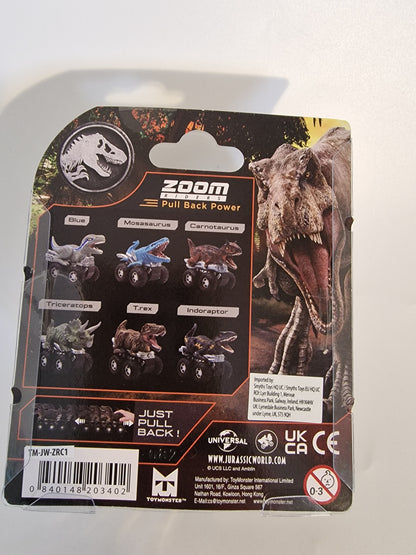 Jurassic World Blue Velociraptor Zoom Riders Pull Back Dino Car Toy NEW