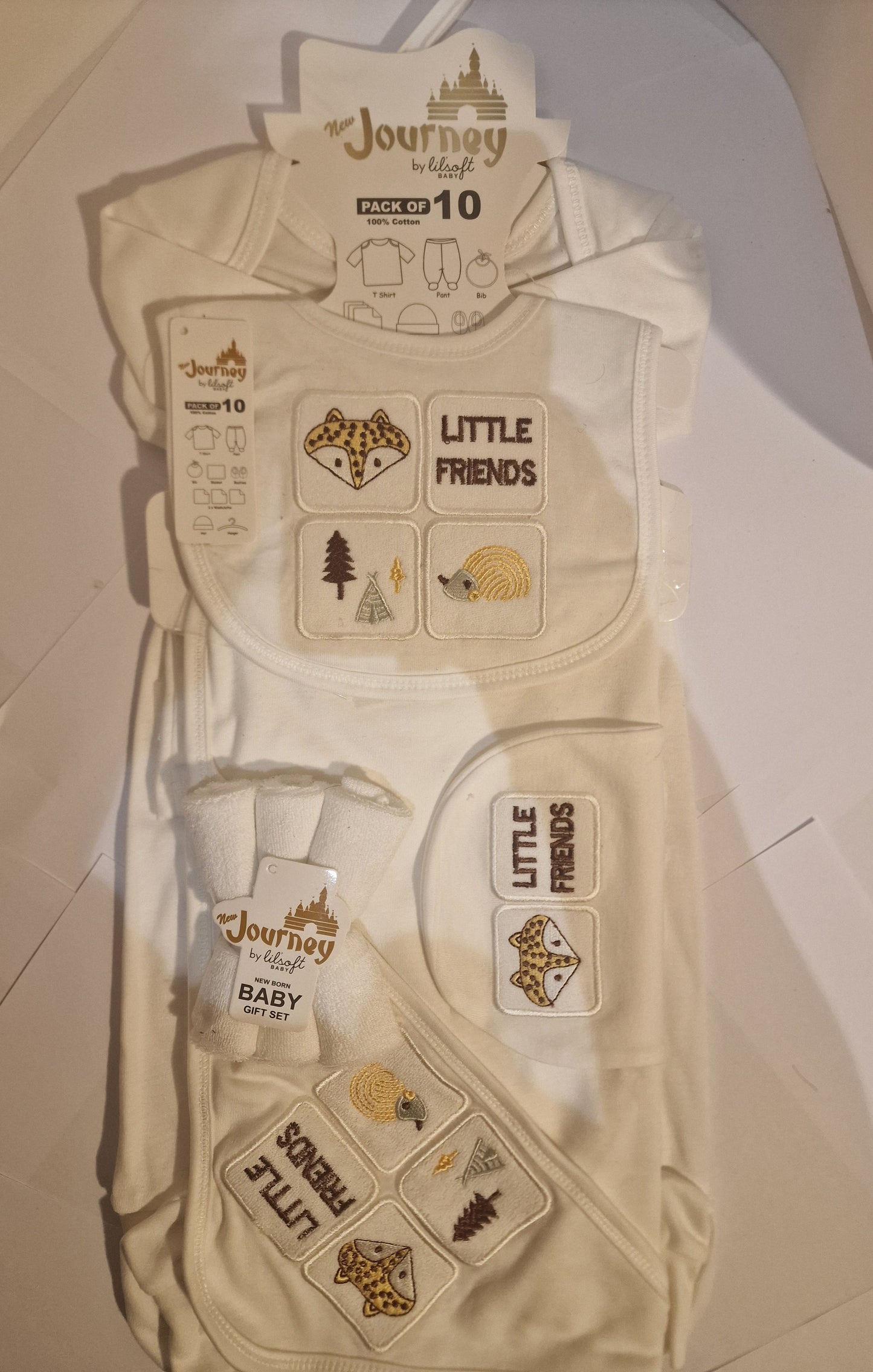 Lilsoft Baby 10-Piece "New Journey" Newborn Gift Set – Little Friends (White/Gold)