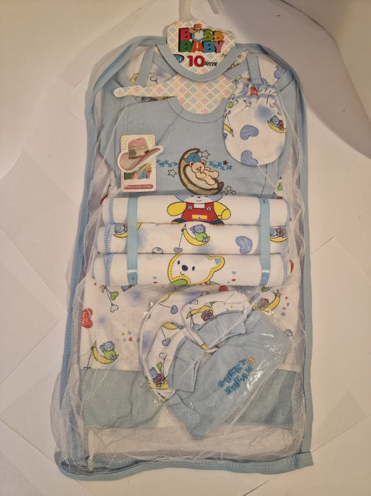 The Boss Baby" 10-Piece Luxury Newborn Essentials Gift Set – Blue & White