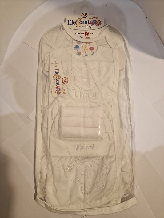 Newborn Baby 10-Piece Gift Set - 100% Cotton - White Little Bear Starter Kit