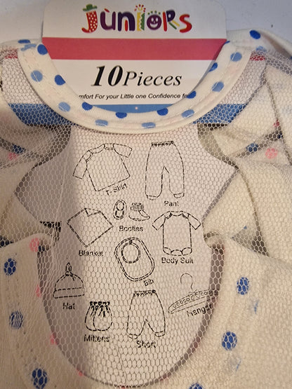 Juniors 10-Piece Essential Newborn Baby Gift Set - Blue & Pink Polka Dot