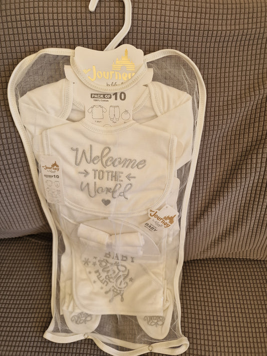 Lilsoft 'New Journey' 10-Piece Luxury Cotton Baby Gift Set – Unisex White & Silver