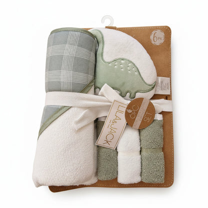 Lila & Jack 6-Piece Baby Bath Gift Set - Dinosaur Hooded Towel & Washcloths (Sage Green)