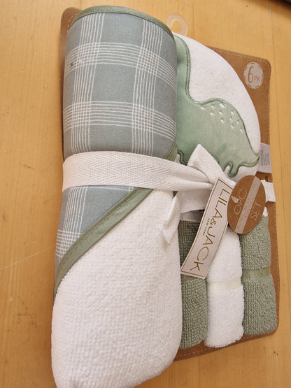 Lila & Jack 6-Piece Baby Bath Gift Set - Dinosaur Hooded Towel & Washcloths (Sage Green)