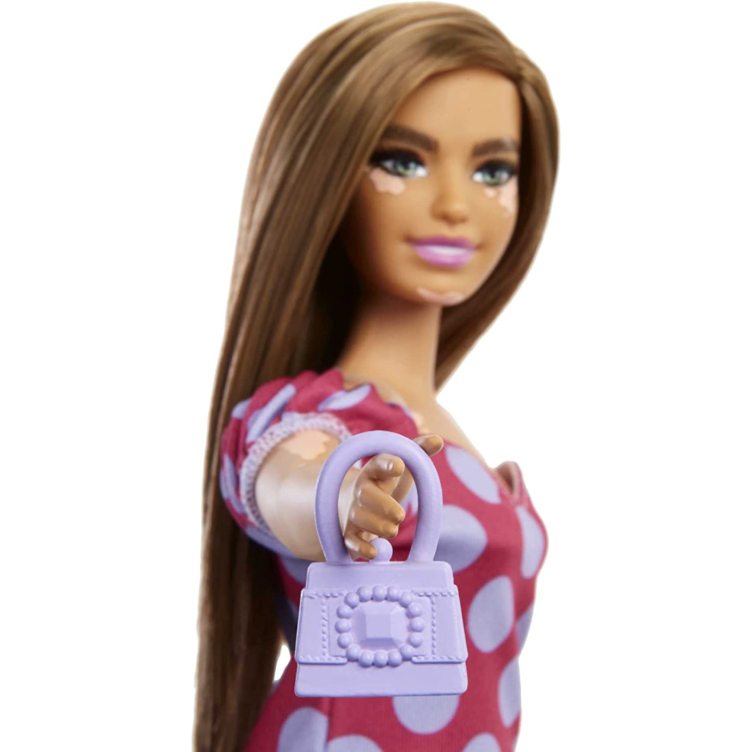 Barbie Fashionistas Doll Curvy Vitiligo Long Brunette Hair Polka Dot Dress