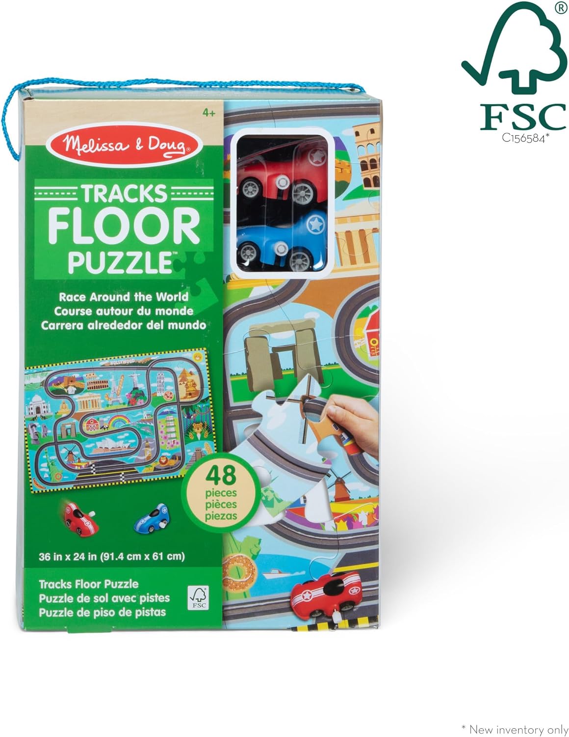 Melissa & Doug Race Around the World Tracks Cardboard Jigsaw Floor Puzzle and Wind-Up Vehicles