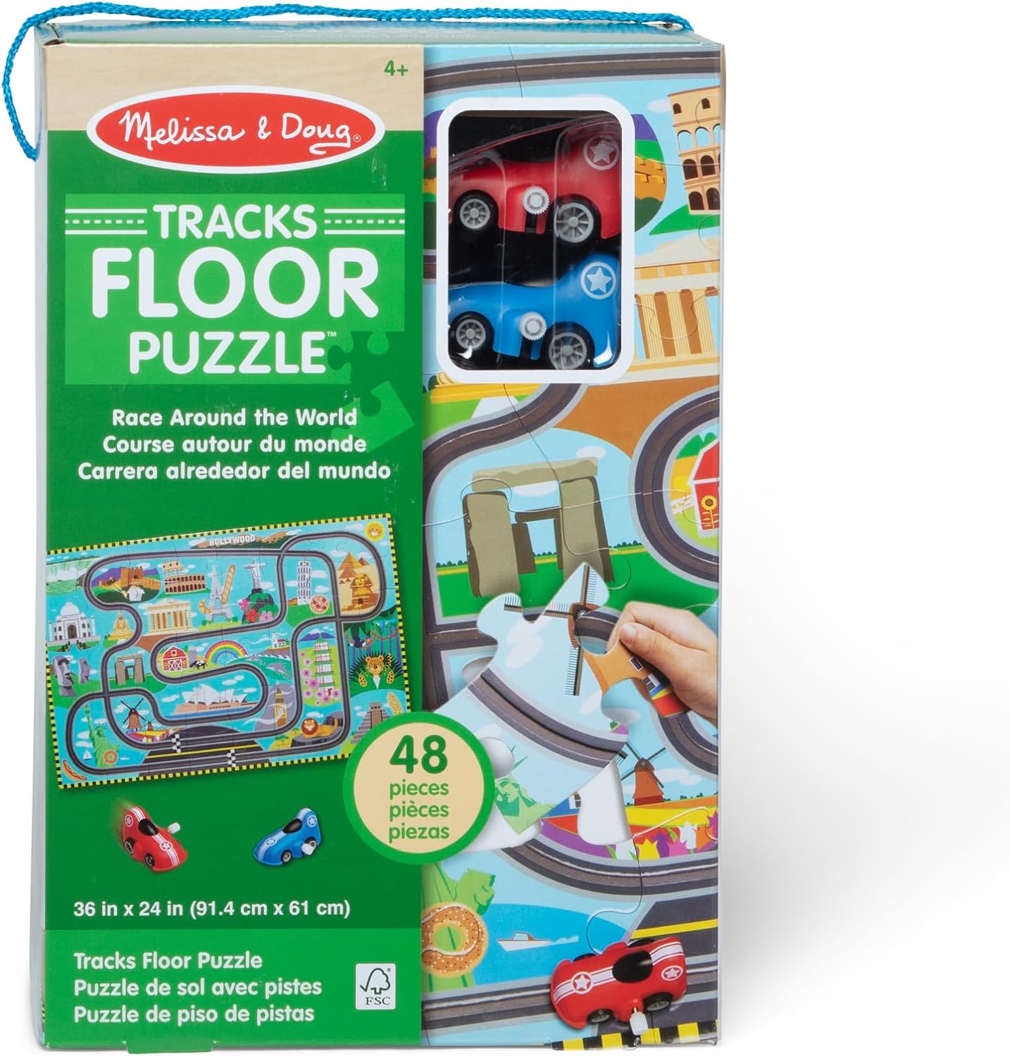 Melissa & Doug Race Around the World Tracks Cardboard Jigsaw Floor Puzzle and Wind-Up Vehicles