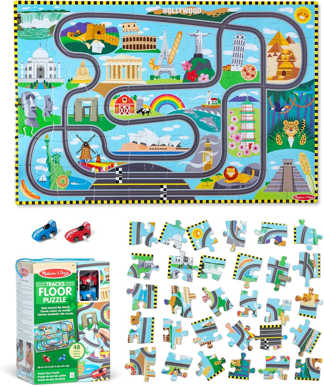 Melissa & Doug Race Around the World Tracks Cardboard Jigsaw Floor Puzzle and Wind-Up Vehicles