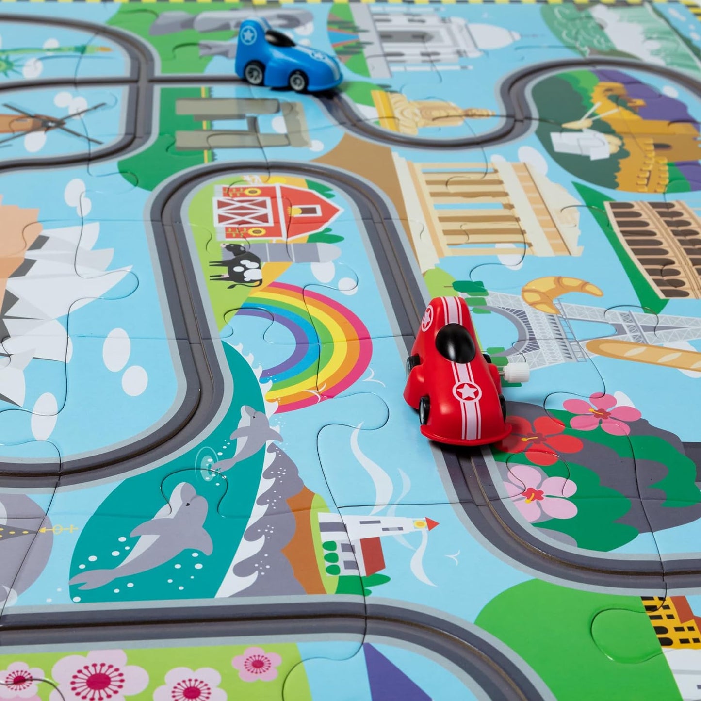 Melissa & Doug Race Around the World Tracks Cardboard Jigsaw Floor Puzzle and Wind-Up Vehicles