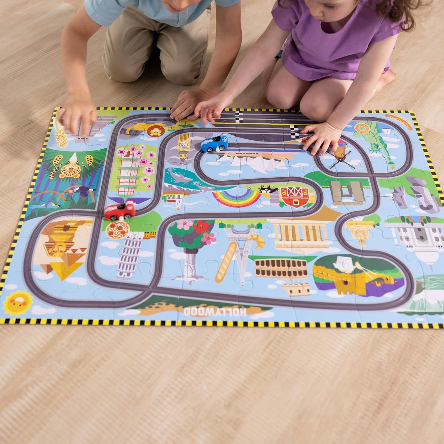 Melissa & Doug Race Around the World Tracks Cardboard Jigsaw Floor Puzzle and Wind-Up Vehicles