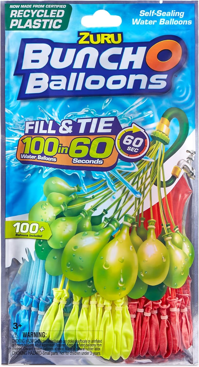 Zuru Bunch O Balloons 3 Bunches 100 Self-tying, Rapid-Fill Water Balloons 1 Pack Red Yellow Blue