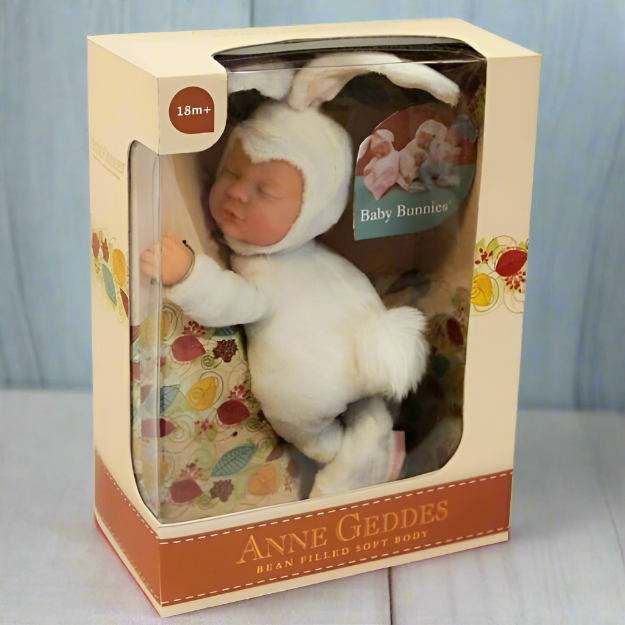 Anne Geddes 9 inch Baby White Bunny Doll - Bean Filled Soft Body Collection