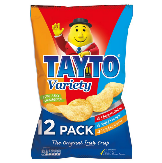 Tayto Crisps Assorted 12 X 25G 4 cheese 4 salt 4 smokey bacon