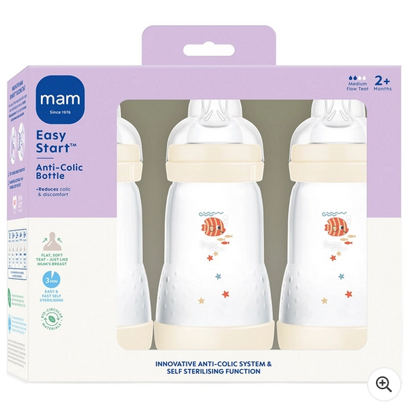 MAM Easy Start Self-Sterilising Anti-Colic Baby Bottle 260ml 3 Pack Assorted colours