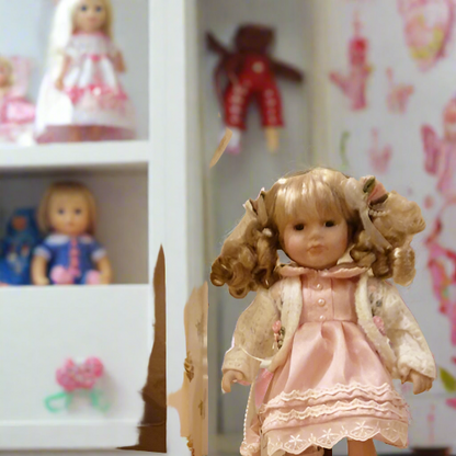 Beautiful 12  Inch Vintage Porcelain Doll  Boxed In Pink Dress