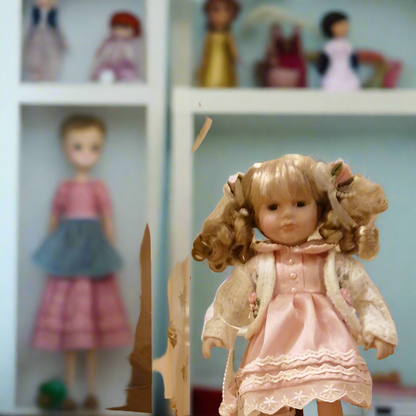 Beautiful 12  Inch Vintage Porcelain Doll  Boxed In Pink Dress
