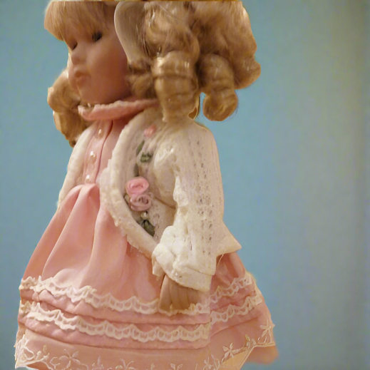 Beautiful 12  Inch Vintage Porcelain Doll  Boxed In Pink Dress