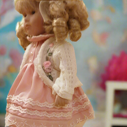Beautiful 12  Inch Vintage Porcelain Doll  Boxed In Pink Dress