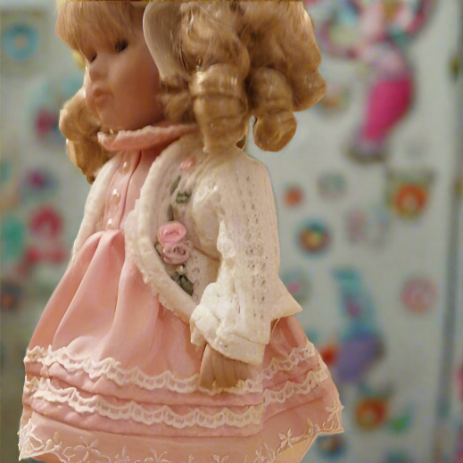 Beautiful 12  Inch Vintage Porcelain Doll  Boxed In Pink Dress