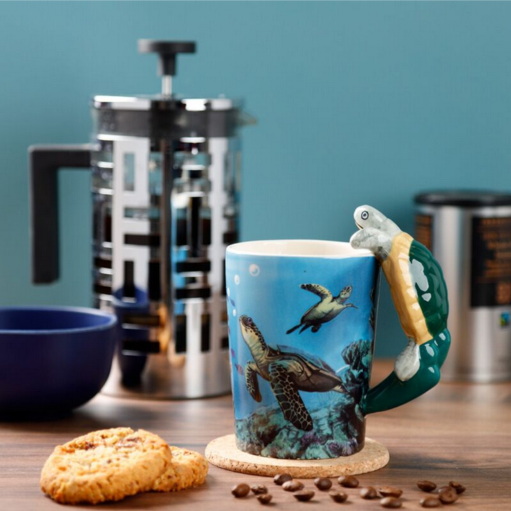 Turtle with Underwater Decal Ceramic Shaped Handle Mug