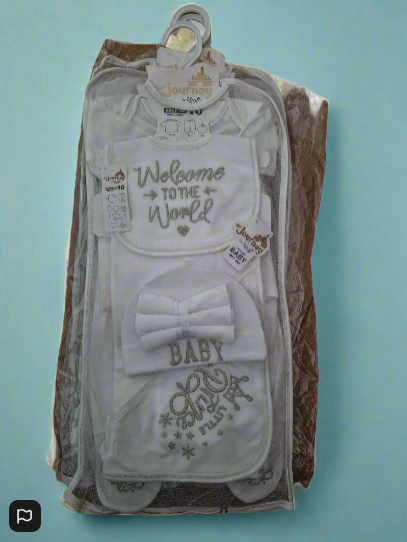 Newborn Baby Gift Set – ‘Welcome to the World’ Edition (10-Piece, 100% Cotton) Gold Lettering