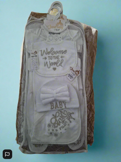Newborn Baby Gift Set – ‘Welcome to the World’ Edition (10-Piece, 100% Cotton) Gold Lettering
