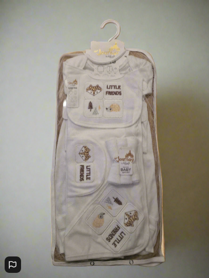 Newborn Baby Gift Set – ‘Little Friends’ Edition (10-Piece, 100% Cotton, Beige Lettering)