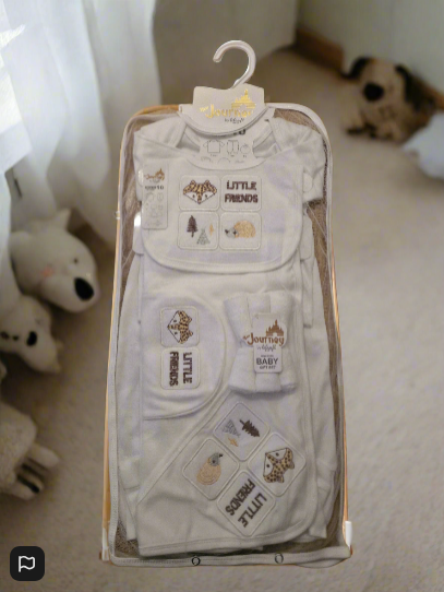 Newborn Baby Gift Set – ‘Little Friends’ Edition (10-Piece, 100% Cotton, Beige Lettering)