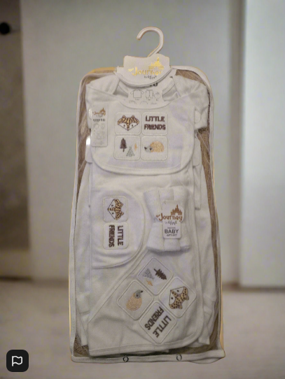 Newborn Baby Gift Set – ‘Little Friends’ Edition (10-Piece, 100% Cotton, Beige Lettering)