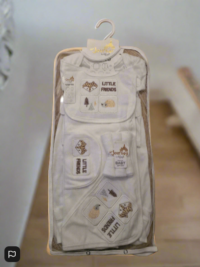 Newborn Baby Gift Set – ‘Little Friends’ Edition (10-Piece, 100% Cotton, Beige Lettering)