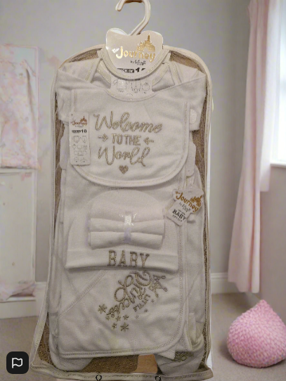Welcome to the World, Little Princess’ – 10-Piece Baby Gift Set (Gold Lettering, 100% Cotton