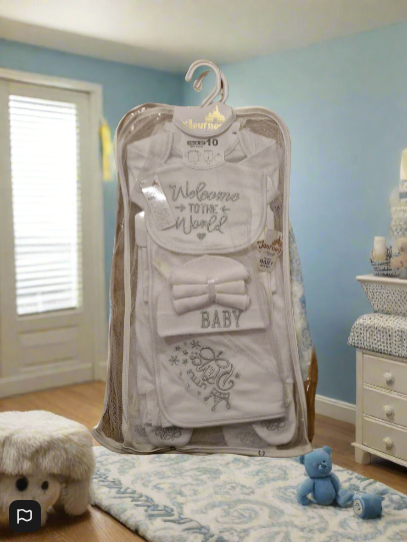 Welcome to the World, Little Prince’ – 10-Piece Baby Gift Set (Silver  Lettering, 100% Cotton)