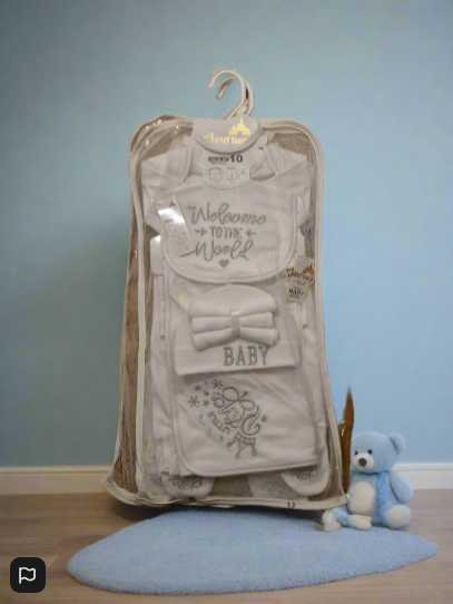 Welcome to the World, Little Prince’ – 10-Piece Baby Gift Set (Silver  Lettering, 100% Cotton)