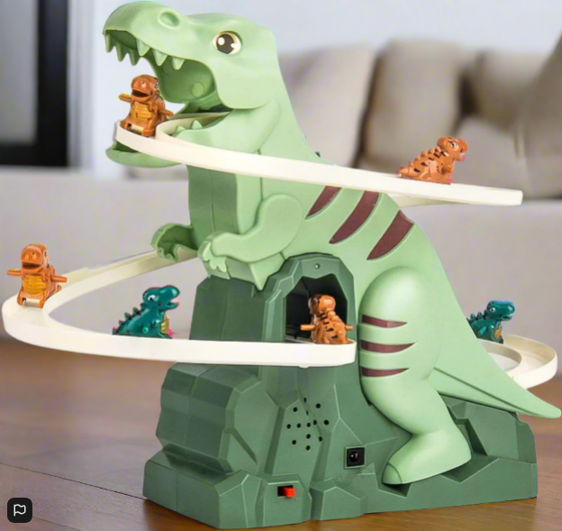 Electric Dinosaur Climbing Stairs Track Toy With Slide, Music, And LED Lights