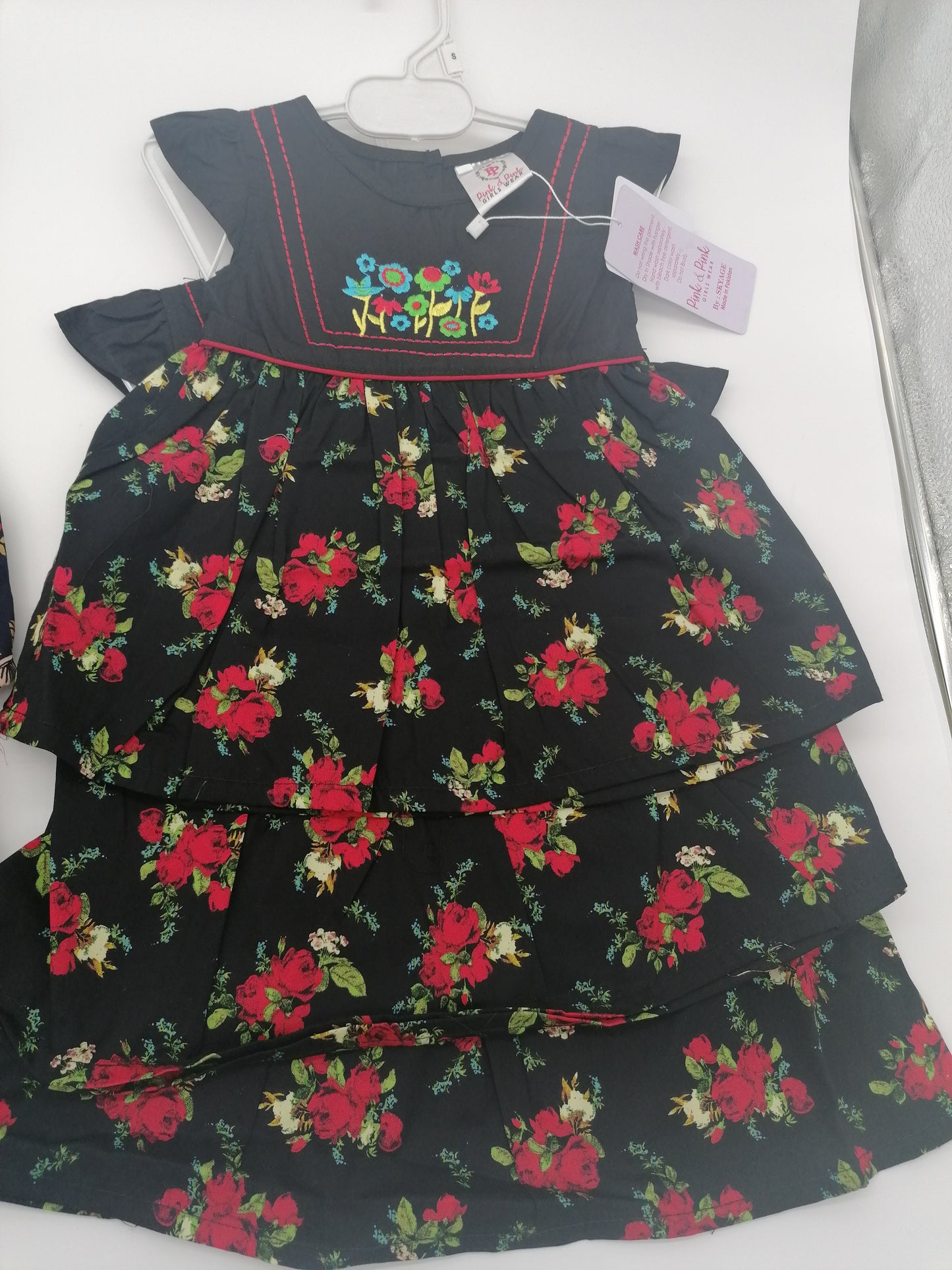 Girls Wear Black Or Navy Embroidered Cotton Flowery Dress Small Medium Or Large