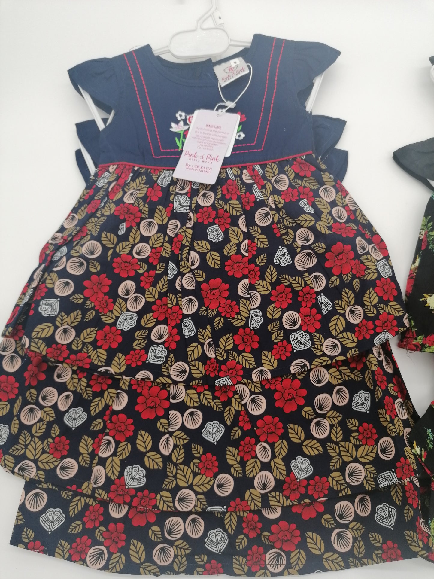 Girls Wear Black Or Navy Embroidered Cotton Flowery Dress Small Medium Or Large