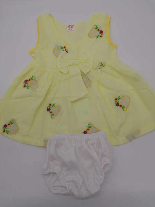 Pretty Baby Girls Yellow Embroidered Cotton Dress With Pants  Length 14 Inches(36cm)